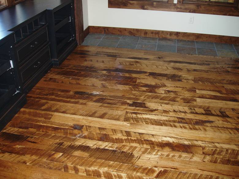 Rescued Skip-Planed Hickory T&G Random  Width  / Finished With Fruit Wood Stain & Old Master Poly