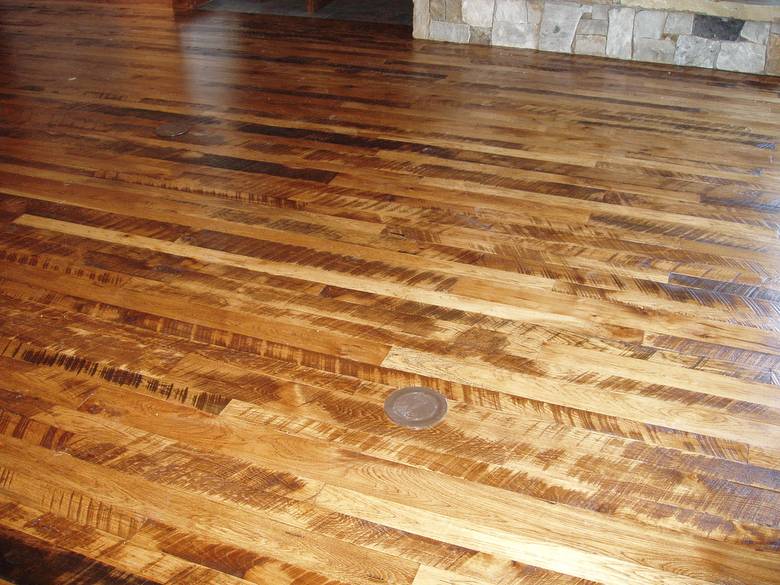 Rescued Skip-Planed Hickory T&G Random  Width  / Finished With Fruit Wood Stain & Old Master Poly