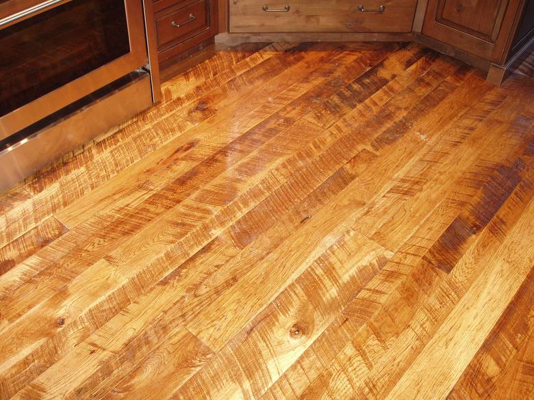 Rescued Skip-Planed Hickory T&G Random  Width  / Finished With Fruit Wood Stain & Old Master Poly