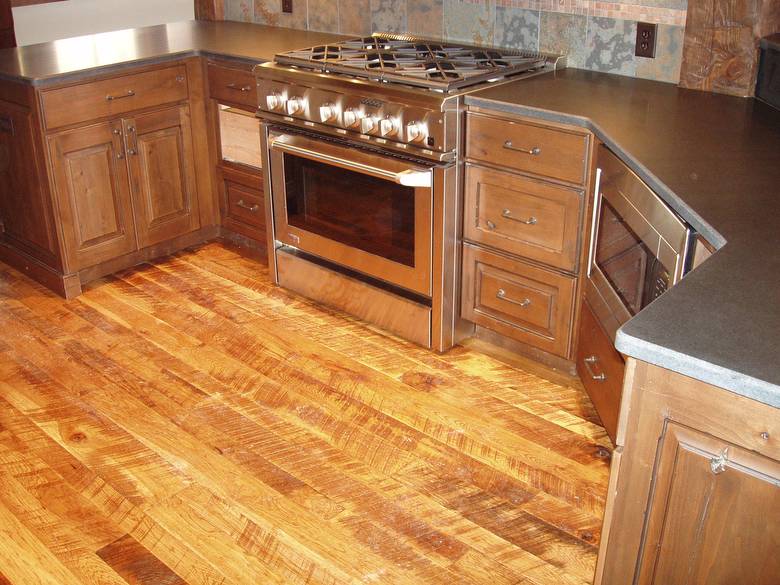 Rescued Skip-Planed Hickory T&G Random  Width  / Finished With Fruit Wood Stain & Old Master Poly