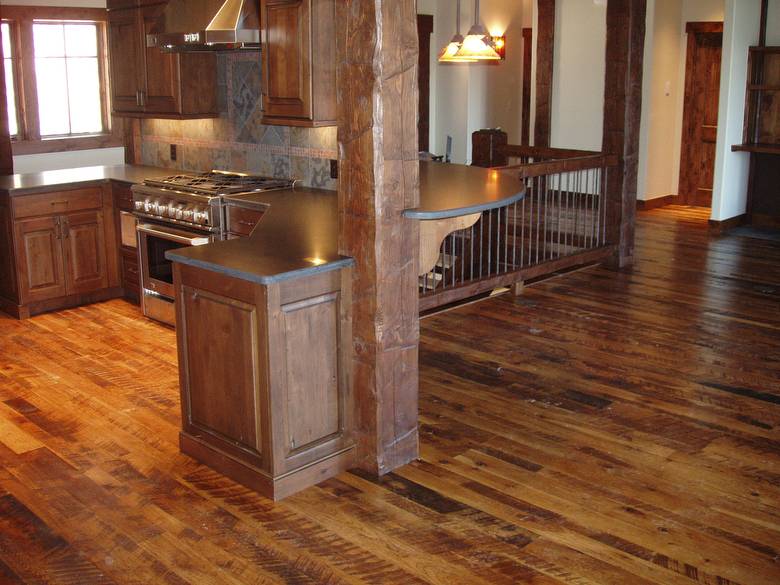 Rescued Skip-Planed Hickory T&G Random  Width  / Finished With Fruit Wood Stain & Old Master Poly