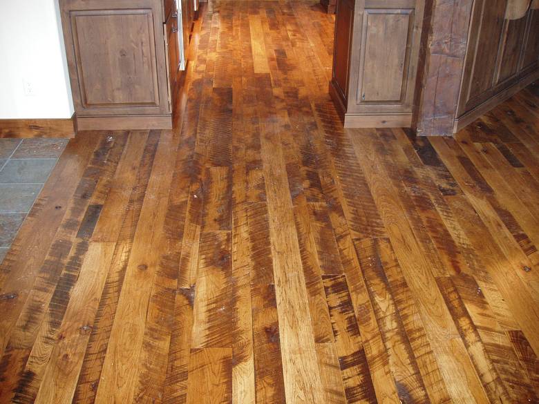 Rescued Skip-Planed Hickory T&G Random  Width  / Finished With Fruit Wood Stain & Old Master Poly