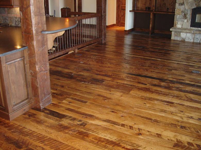 Rescued Skip-Planed Hickory T&G Random  Width  / Finished With Fruit Wood Stain & Old Master Poly