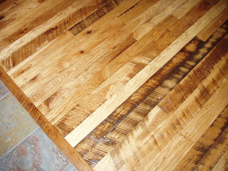 Rescued Skip-Planed Hickory T&G Random  Width  / Finished With Fruit Wood Stain & Old Master Poly