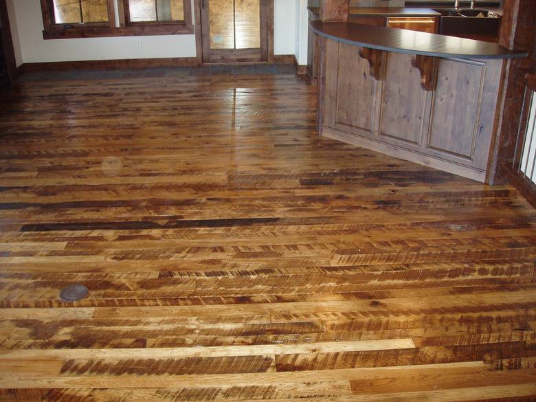 Rescued Skip-Planed Hickory T&G Random  Width  / Finished With Fruit Wood Stain & Old Master Poly