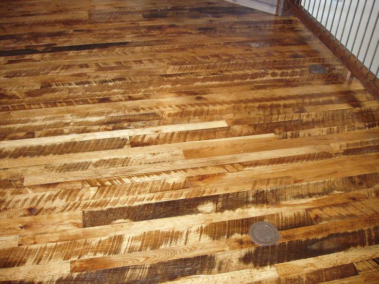Rescued Skip-Planed Hickory T&G Random  Width  / Finished With Fruit Wood Stain & Old Master Poly