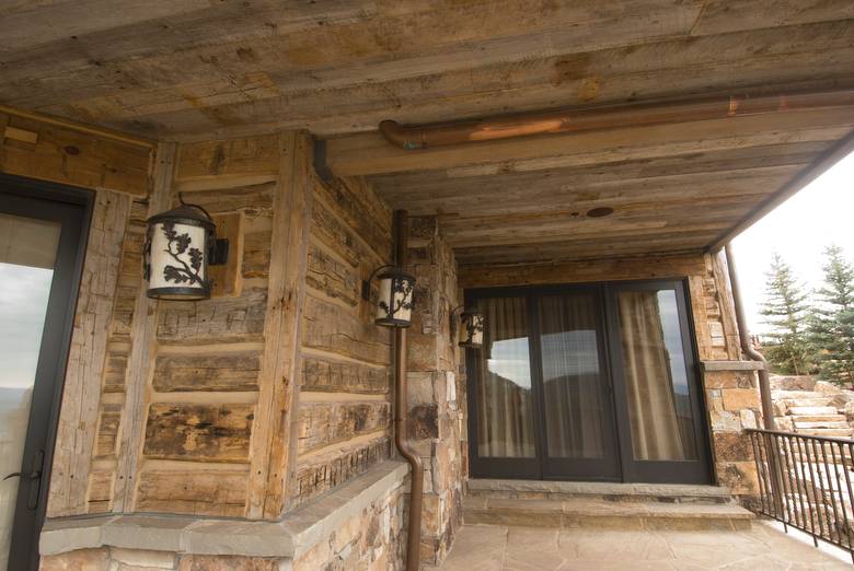 Under Porch / Hand-Hewn Siding and Facia. Barnwood T&G Soffit