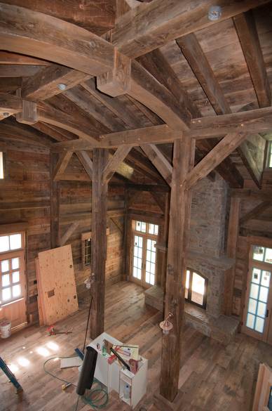 Weathered timbers & 1x12 weathered siding, rafters and barnwood