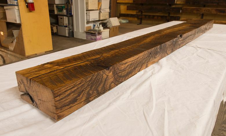 Hardwood Mantel; Skip-Planed (some weathered, some planed); finished with tung-oil and polyurethane mix 