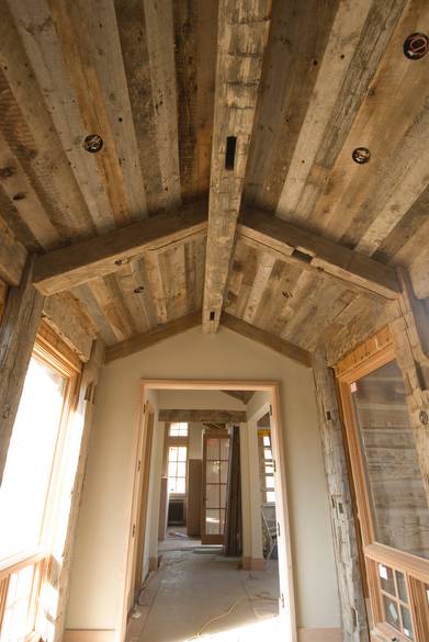 Hand-Hewn Timbers and Gray Barnwood Ceiling / Hand-Hewn Timbers and Interior Barnwood Ceiling