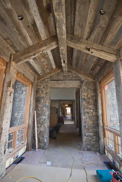 Hand-Hewn Timbers and Gray Barnwood Ceiling / Hand-Hewn Timbers and Interior Barnwood Ceiling