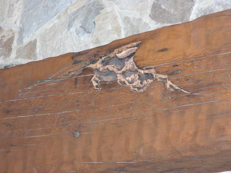 Detail of leaf carvings / DF large timber mantel