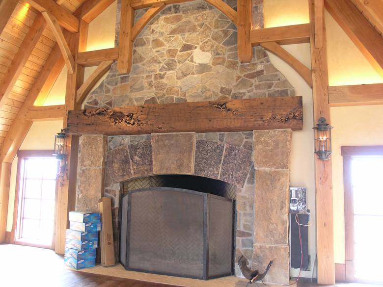 Douglas Fir timber mantel / hand-carved by a local artist