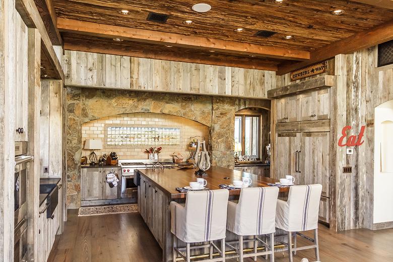 Antique Gray Barnwood cabinets and Mushroomwood Ceiling