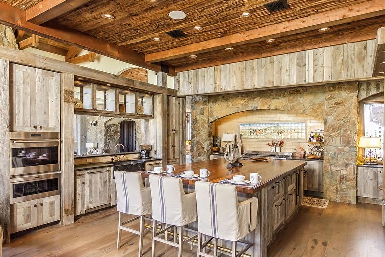 Antique Gray Barnwood cabinets and Mushroomwood Ceiling