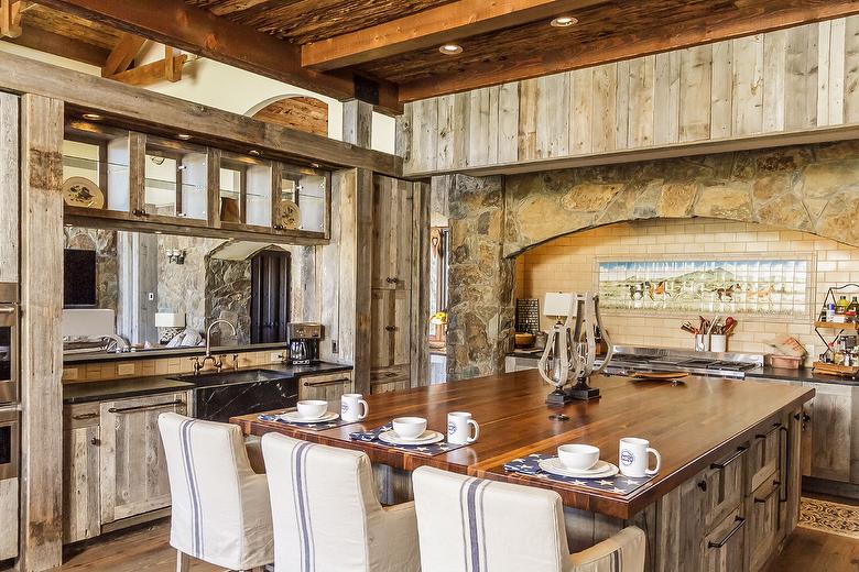 Antique Gray Barnwood cabinets and Mushroomwood Ceiling