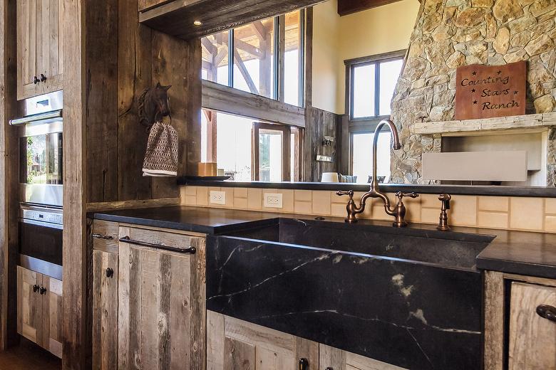 Antique Gray Barnwood cabinets and Mushroomwood Ceiling