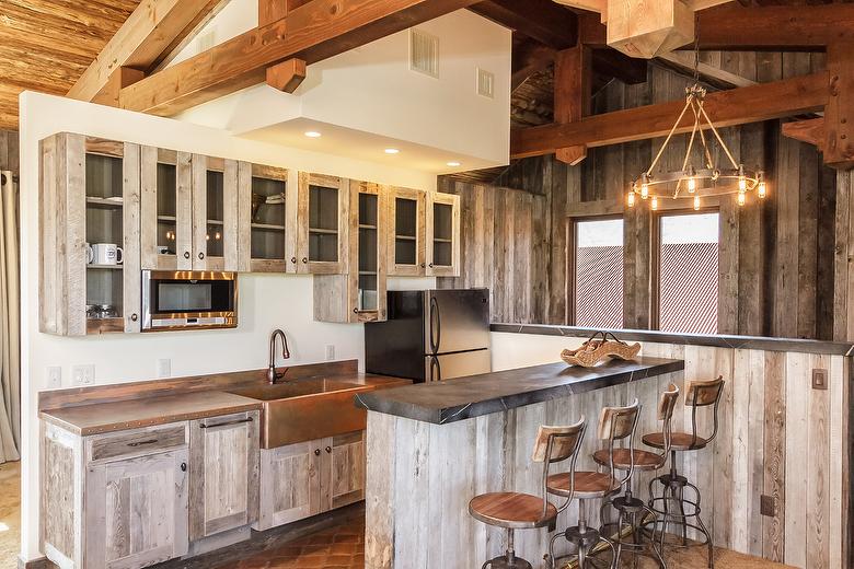 Antique Gray Barnwood cabinets and Mushroomwood Ceiling