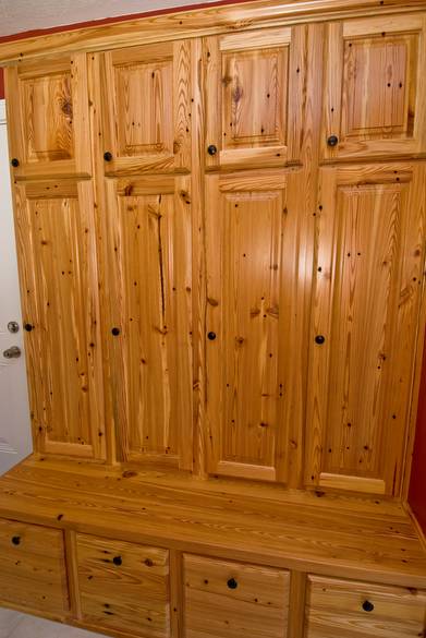 Southern Yellow Pine Cabinets / These cabinets are lockers in a mud room