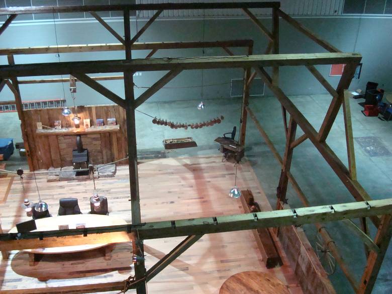 Historic barn frame from above / reassembled pine barn frame